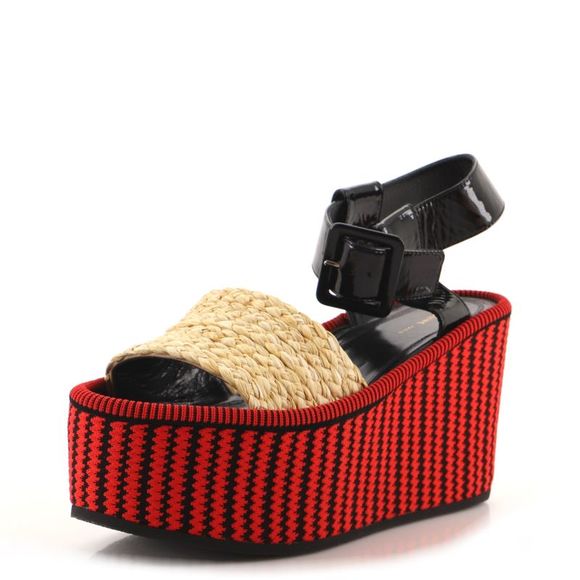 Celine Shoes - Celine Women's Ankle Strap Wedge Platform Sandals Straw and Patent